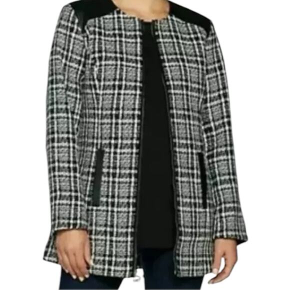 Dennis Basso Tweed Zip  Jacket Faux Leather Trim Size 10 Medium Pine Combo NWT - Picture 1 of 7